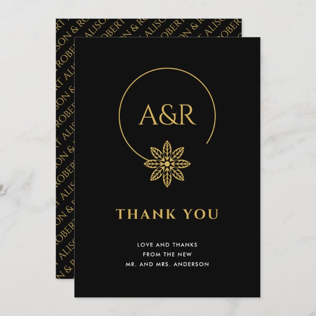 Elegant jewellery inspired frame & initials weddin thank you card (Front/Back)