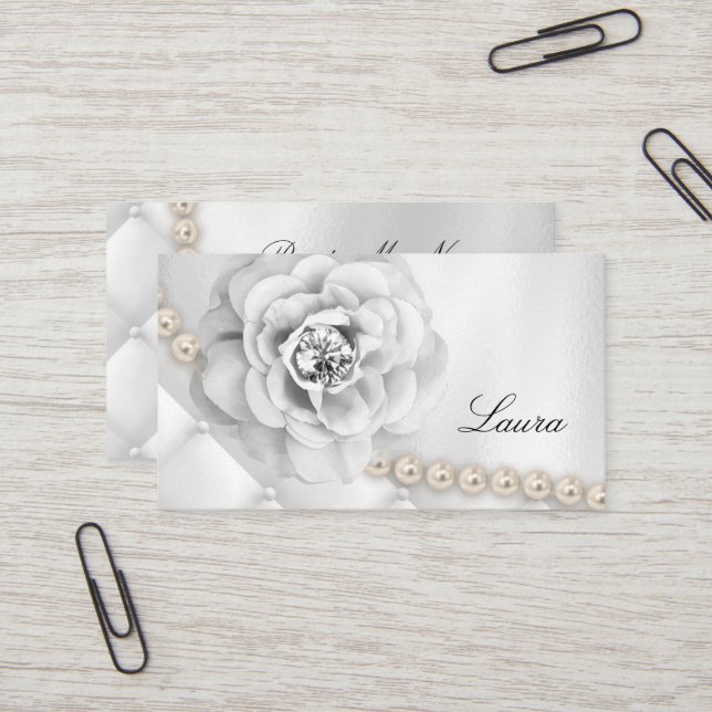 Elegant Jewellery Wedding Planner Rose White Business Card (Front/Back In Situ)