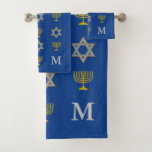 Elegant Jewish Star of David Menorah Monogram Bath Towel Set<br><div class="desc">Elegant, monogrammed Jewish-themed bath towel set, showing faux gold and silver STAR OF DAVID and MENORAH in a tiled pattern against an Israeli blue background. The bottom right hand corner has a CUSTOMIZABLE MONOGRAM so you can add your own initial. Ideal for Hanukkah and other Jewish-themed home decor. Choose from...</div>
