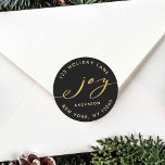 Elegant Joy Black & Gold Christmas Return Address Classic Round Sticker<br><div class="desc">This stylish sticker features an elegant gold joy script with the family name and return address on a black background (changeable background colour). For more advanced customisation of this design,  please click the "customise further" link.</div>
