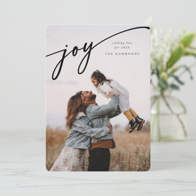 Elegant 'Joy' Black Script New Year Flat Photo Holiday Card (Standing Front)