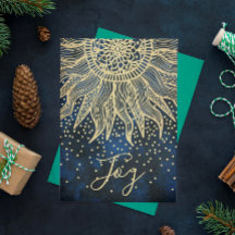 Elegant Joy Blue Gold Boho Sun Mandala Christmas