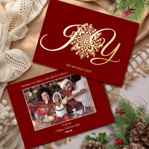 Elegant JOY Burgundy Christmas Photo Gold Foil Holiday Card