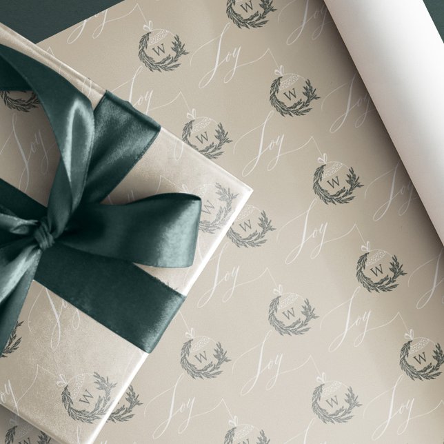 Elegant Joy Calligraphy Garland Wreath Monogram Wrapping Paper (Elegant Joy Calligraphy Garland Wreath Monogram Wrapping Paper)