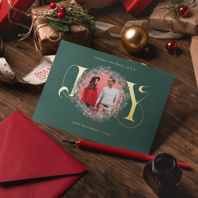 Elegant JOY Christmas Wreath Leaves Berries Photo  Foil Holiday Card (Creator Uploaded)