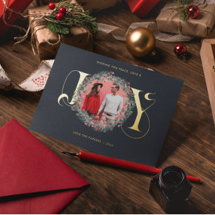 Elegant JOY Christmas Wreath Leaves Berries Photo  Foil Holiday Card