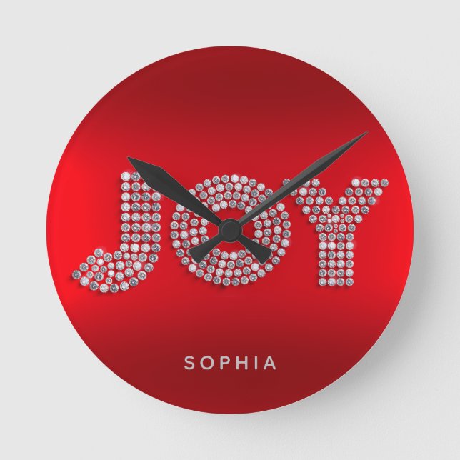 Elegant ‘JOY’ Custom Name Red Round Wall Clock (Front)