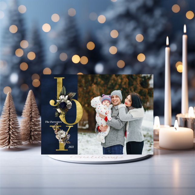  Elegant JOY Floral Gold Photo Christmas Holiday Invitation (Creator Uploaded)