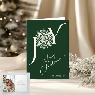 Elegant JOY Forest Green Folded Photo Christmas Holiday Card