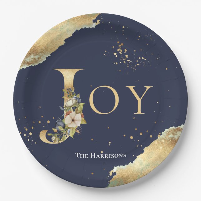 Elegant Joy Gold Foil Floral Blue Christmas Paper Plate (Front)