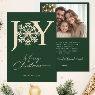 Elegant JOY Gold Forest Green Photo Christmas Holiday Card