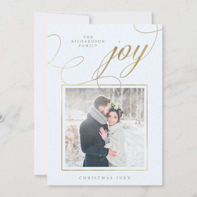 Elegant Joy | Gold Script on Soft Blue with Photo Holiday Card (Front)