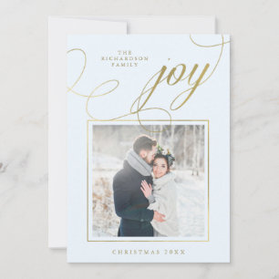 Elegant Joy Gold Script on Soft Blue with Photo Holiday Card