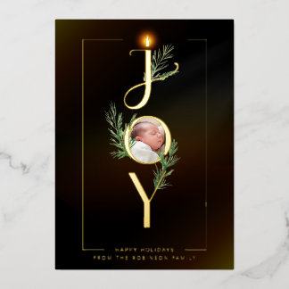 Elegant Joy Minimalist Photo Christmas Botanical Foil Holiday Card
