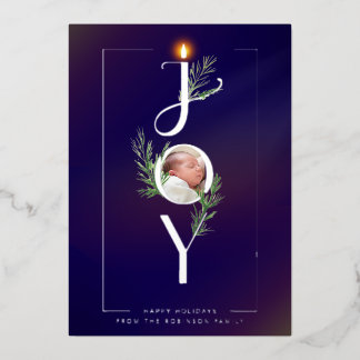 Elegant Joy Minimalist Photo Christmas Botanical Foil Holiday Card