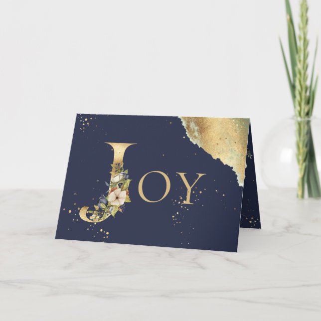 Elegant Joy of Christmas Gold Floral Blue Holiday Card (Front)