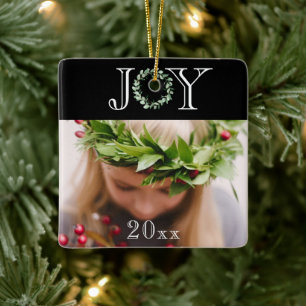 Elegant Joy Photo Personalised Holiday Christmas  Ceramic Ornament