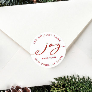Elegant Joy Red & White Holiday Return Address Classic Round Sticker