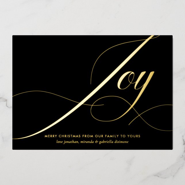 Elegant Joy Script Black Gold Foil Christmas Card (Front)