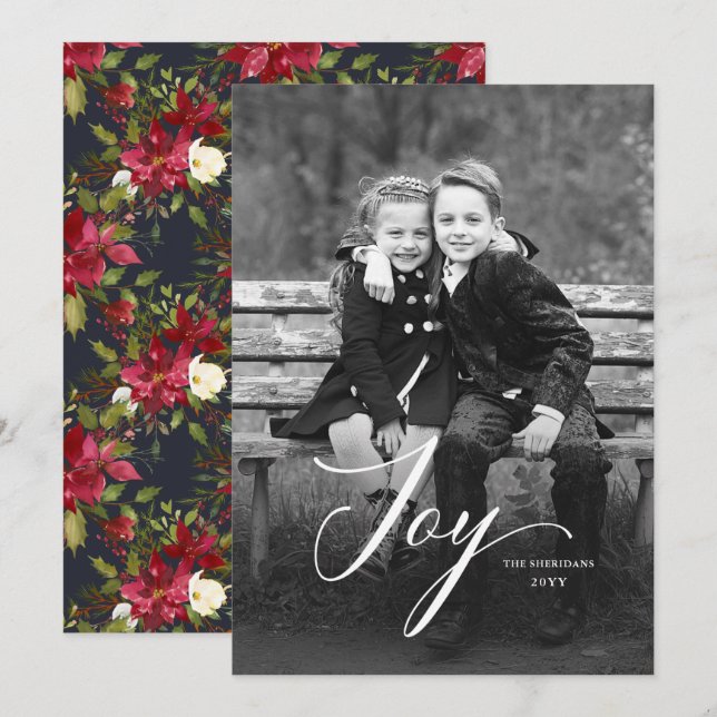 Elegant Joy Script Poinsettia Christmas Full Photo Holiday Card (Front/Back)