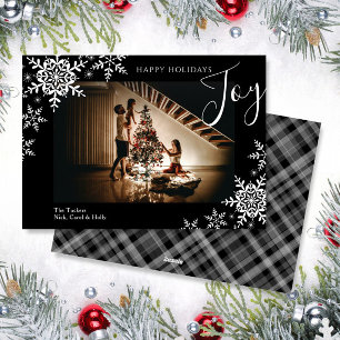 Elegant Joy Snowflakes Plaid Happy Holidays Photo Holiday Card