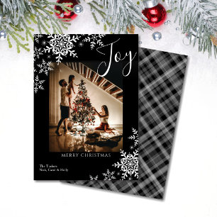 Elegant Joy Snowflakes Plaid Merry Christmas Photo Holiday Card