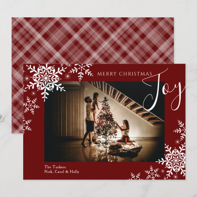 Elegant Joy Snowflakes Plaid Merry Christmas Photo Holiday Card (Front/Back)