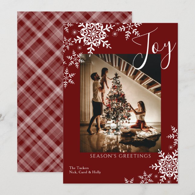 Elegant Joy Snowflakes Plaid Season's Greetings Ho Holiday Card (Front/Back)