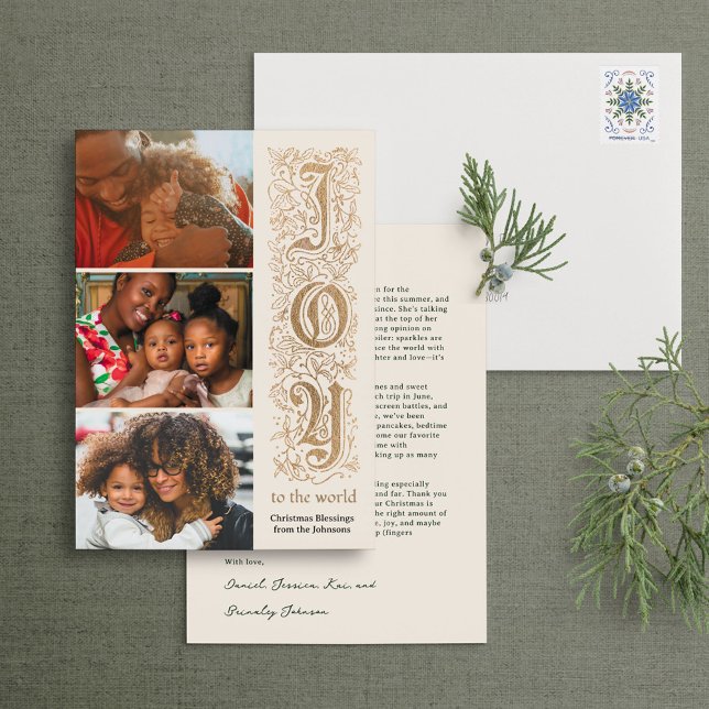Elegant “Joy to the World” Multi-Photo Faux Foil Holiday Card (Creator Uploaded)