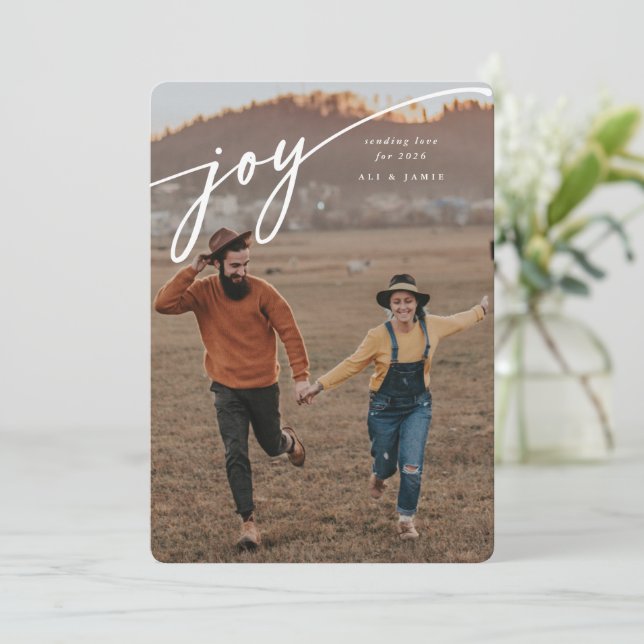 Elegant 'Joy' White Script New Year Flat Photo Holiday Card (Standing Front)