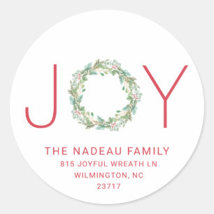 Elegant Joy Wreath Christmas Return Address Classic Round Sticker