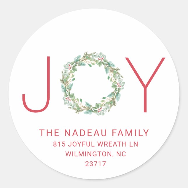 Elegant Joy Wreath Christmas Return Address Classic Round Sticker (Front)