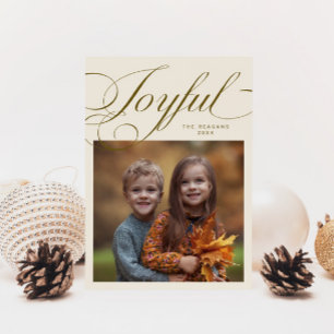 Elegant Joyful Calligraphy Photo Cream Holiday Card