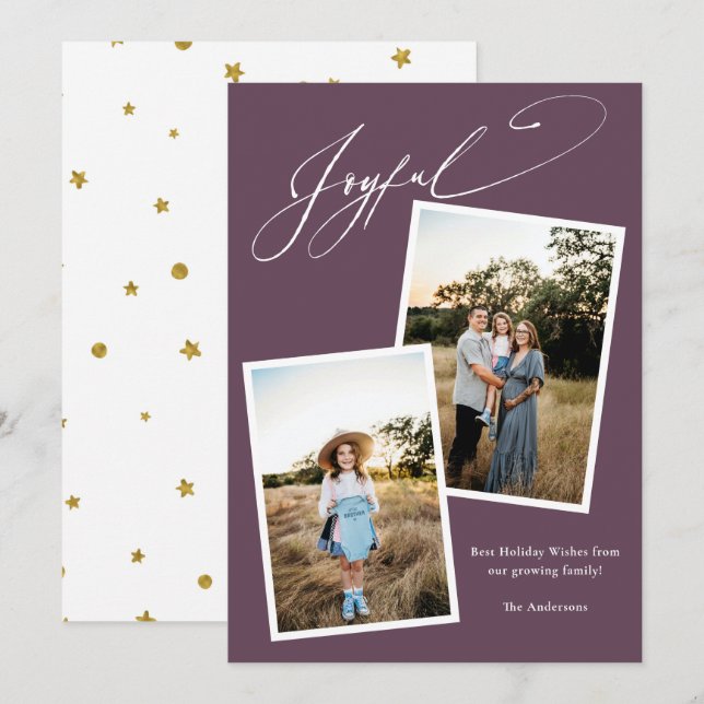 Elegant Joyful Calligraphy Purple Photo Pregnancy  Holiday Card (Front/Back)