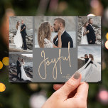 Elegant JOYFUL Multi Photo Charcoal Grey Christmas Holiday Card<br><div class="desc">Multi photo Christmas holiday cards feature your names and the word Joyful in chic lettering on a charcoal grey background. Just upload your favourite photos and add your personalisation on the back. Select High Definition for best photo quality. The Live Design Service can help you with your design layout of...</div>