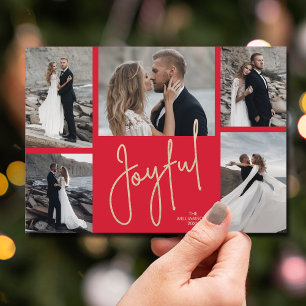 Elegant JOYFUL Multi Photo Red Christmas Holiday Card