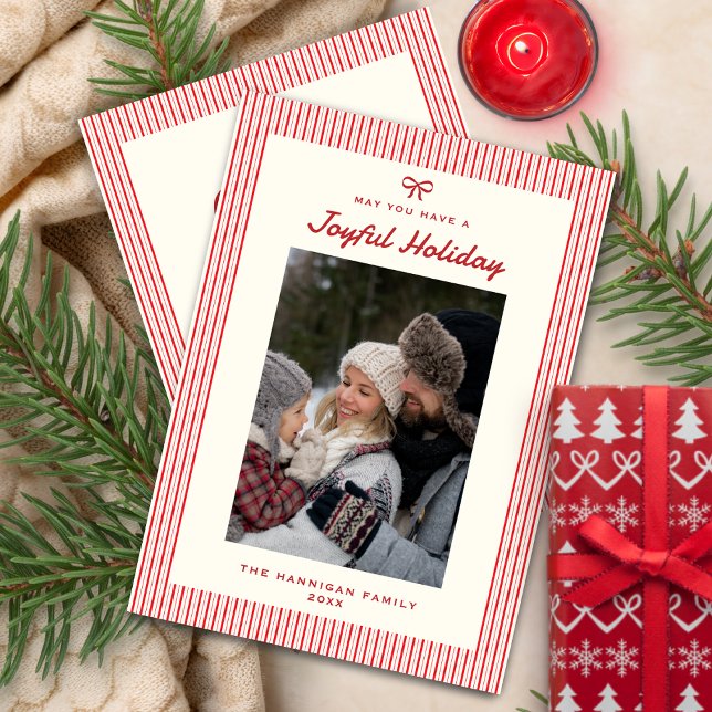 Elegant Joyful Pretty Red Bow Family Picture Holiday Card (Creator Uploaded)