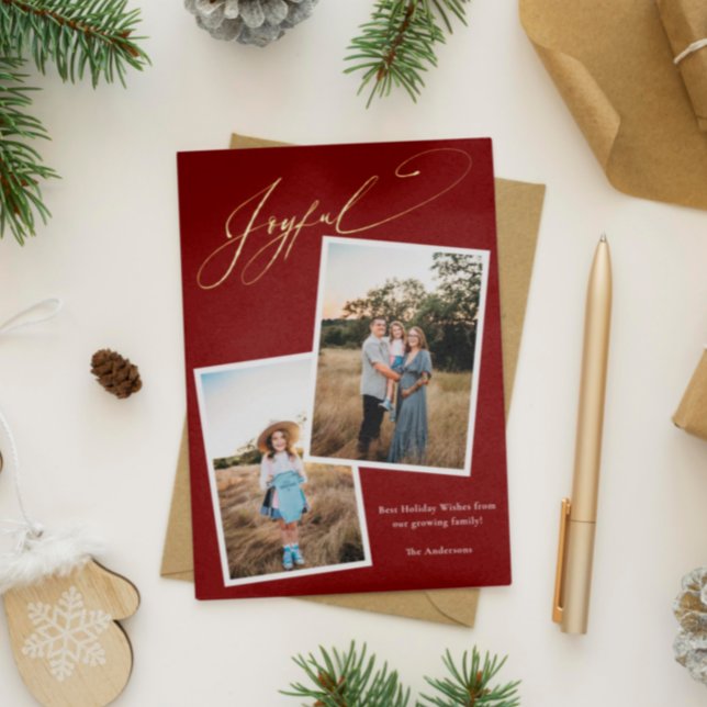 Elegant Joyful Red Calligraphy Photo Pregnancy Foil Holiday Card (Creator Uploaded)