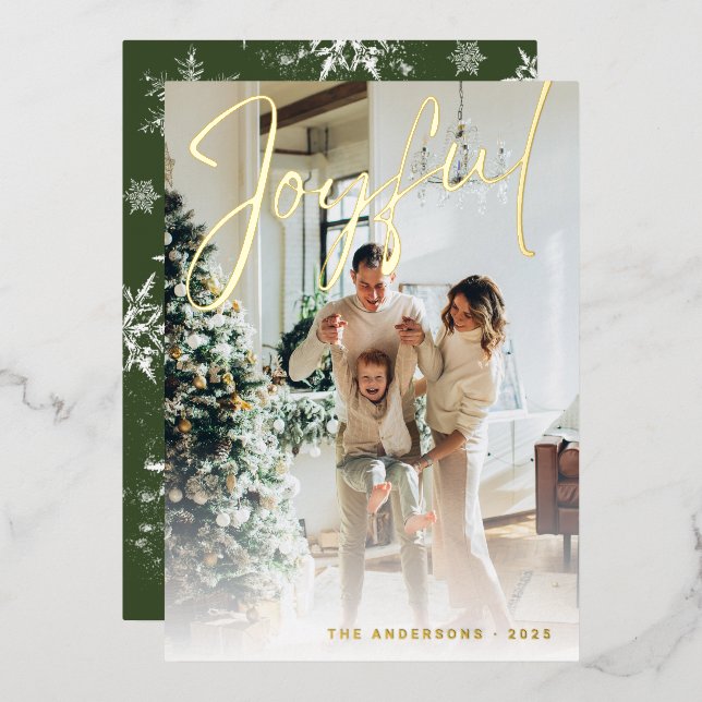 Elegant Joyful Script Family Photo Snowflakes Foil Holiday Card (Front/Back)