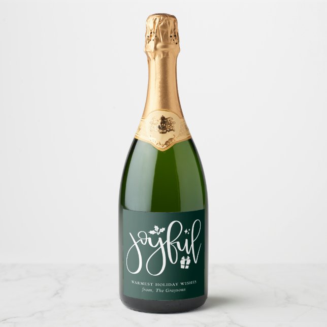 Elegant Joyful Script Festive Green Holiday Sparkling Wine Label (Front)