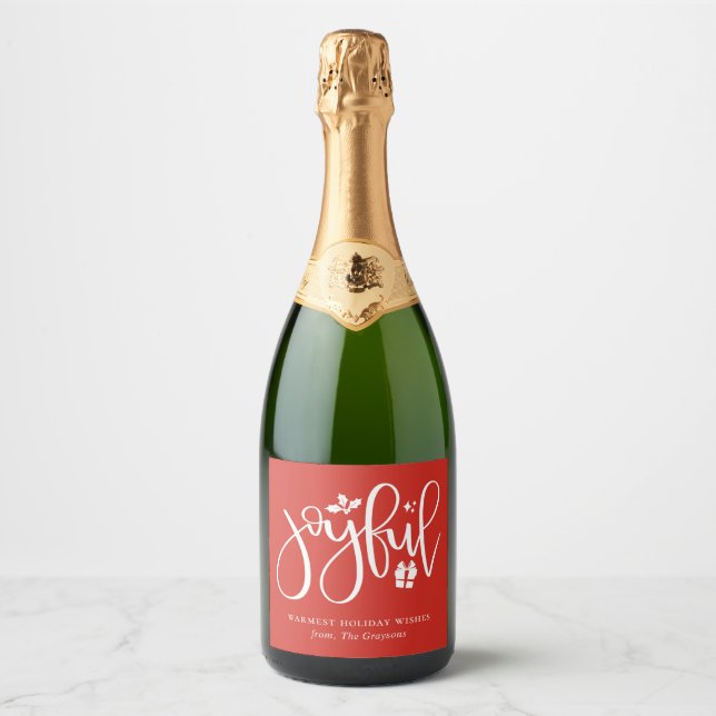 Elegant Joyful Script Festive Red Holiday Sparkling Wine Label (Front)