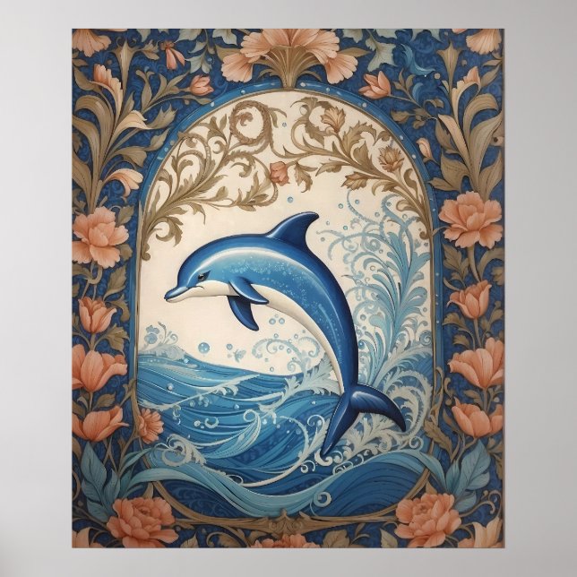 Elegant Jumping Dolphin William Morris Inspired Poster (Front)
