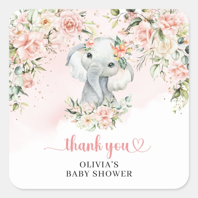 Elegant jungle elephant blush flowers gold Shower Square Sticker (Front)