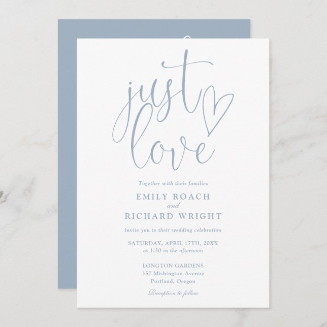 Elegant Just Love All In One Dusty Blue Wedding Invitation (Front/Back)