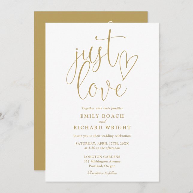 Elegant Just Love All In One Gold Wedding Invitation (Front/Back)