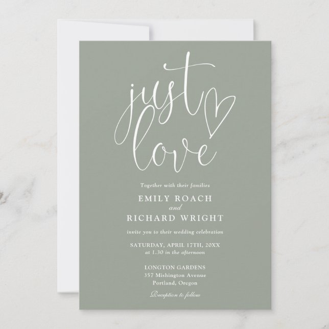 Elegant Just Love All In One Sage Green Wedding Invitation (Front)