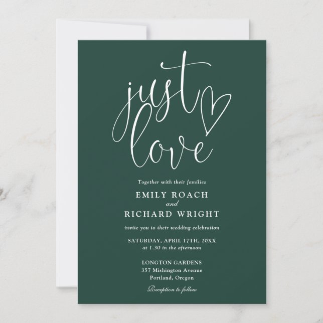 Elegant Just Love Script Emerald Green Wedding Invitation (Front)