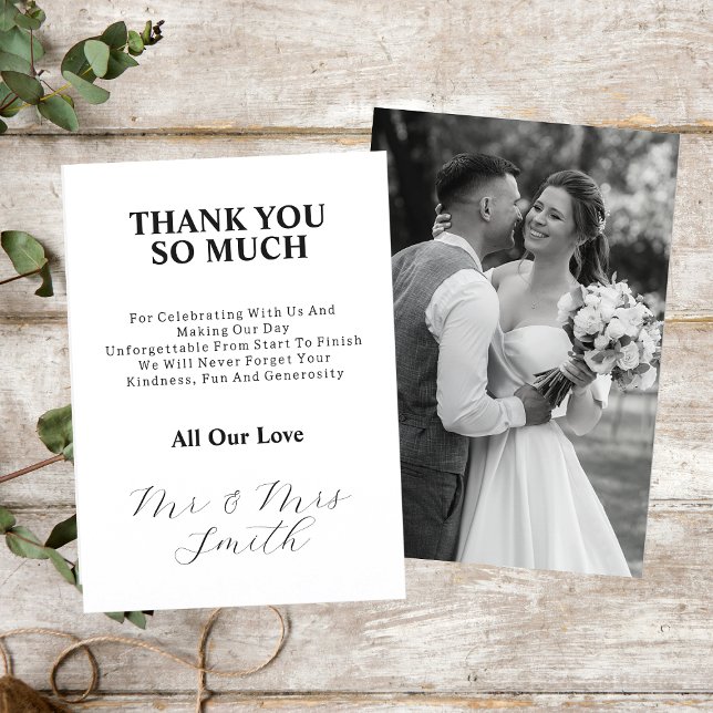 Elegant Just Married Black And White Wedding Photo Thank You Card (Creator Uploaded)
