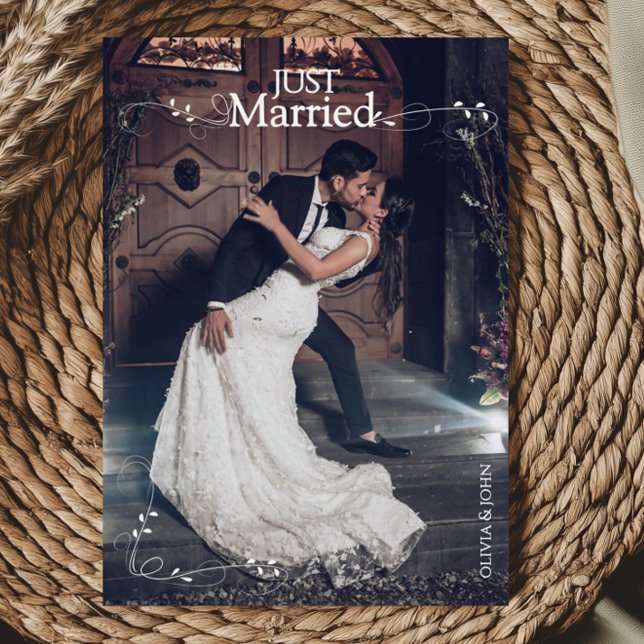 Elegant Just Married Elegant Script Photos Wedding Announcement (Creator Uploaded)