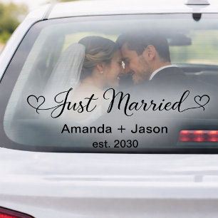 Elegant Just Married Hearts Black Script Window Cling